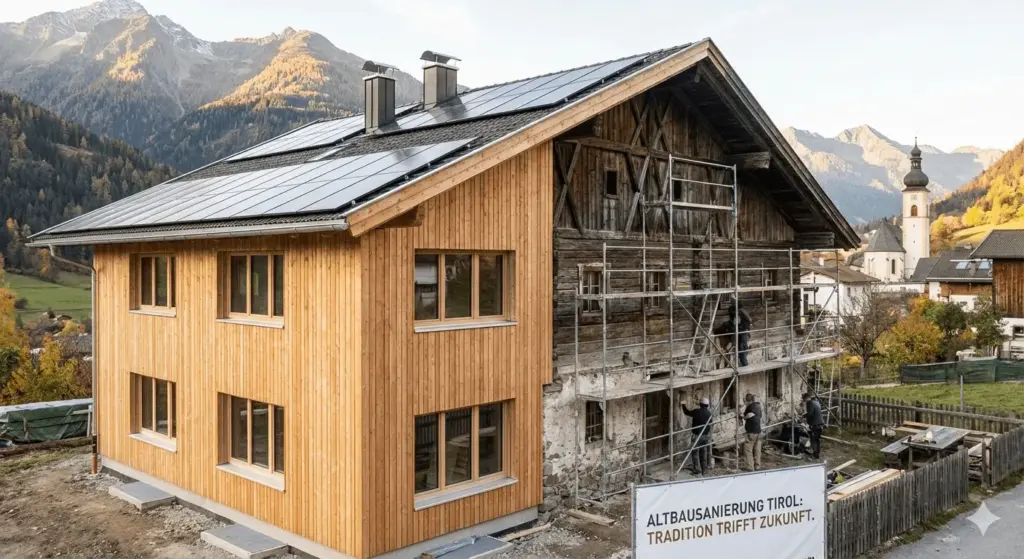 Altbausanierung in Tirol: Vorher-Nachher-Vergleich eines traditionellen Hauses mit energetischer Sanierung und neuen Fenstern vor Bergkulisse.