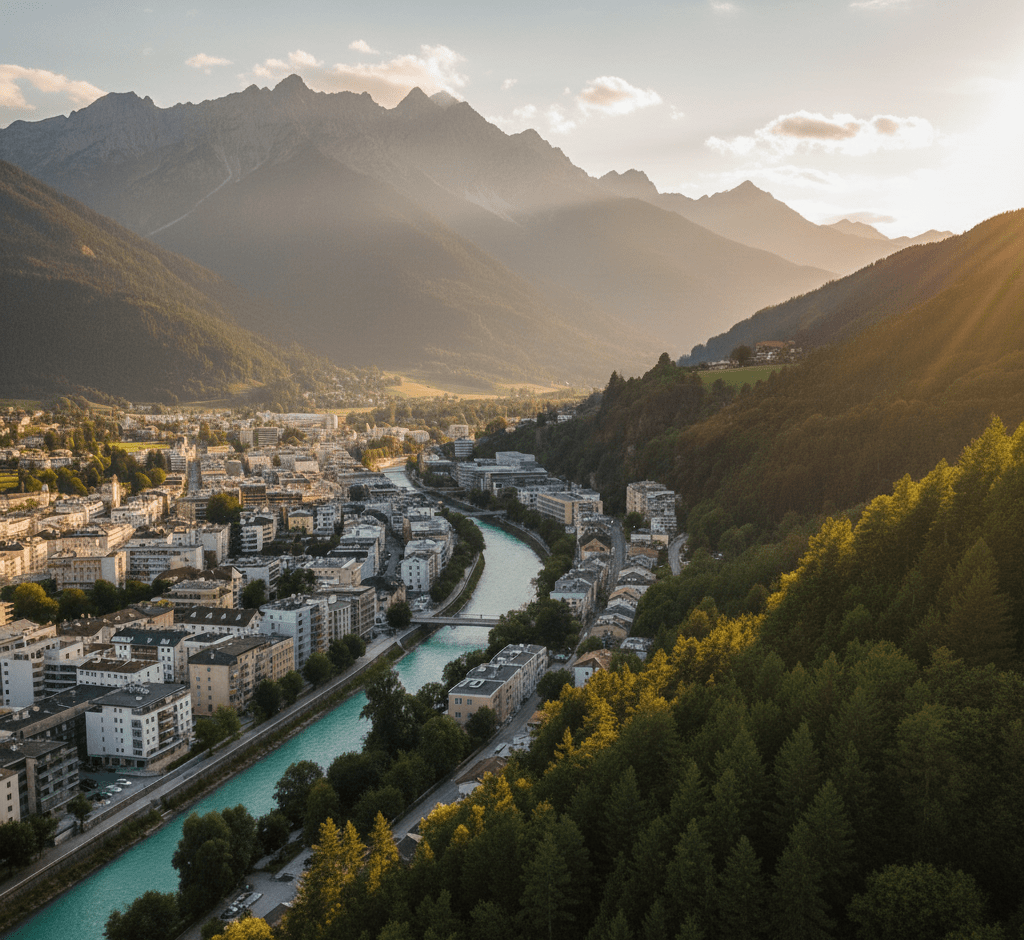 Luftaufnahme eines luxuriösen, terrassenförmig angelegten Apartmenthauses an einem bewaldeten Hang in Innsbruck, Österreich. Die Architektur kombiniert hellen Naturstein mit dunklen Holzfassaden und großen Glasbalkonen. Im Hintergrund schlängelt sich der Inn durch die Stadt, während die hohen, schroffen Gipfel der Nordkette unter einem warmen Sonnenuntergangshimmel thronen.