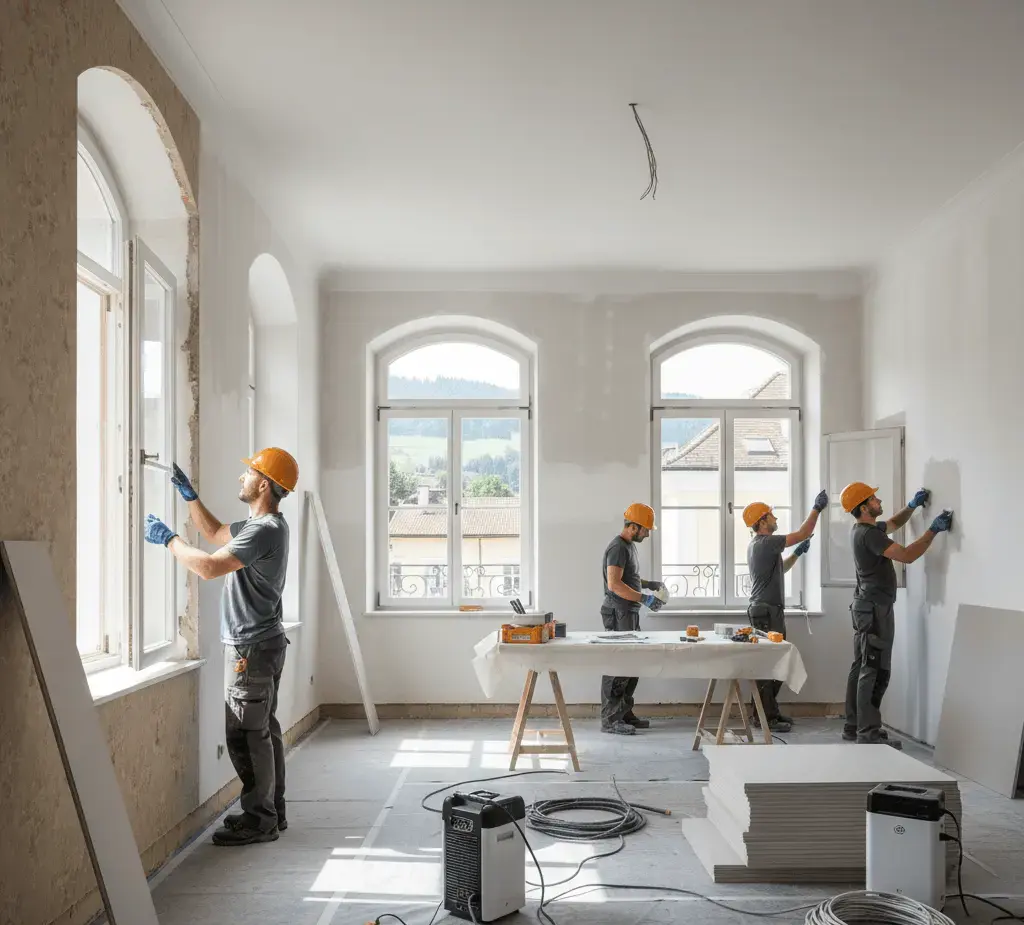 andwerker bei der Innenrenovierung eines Hauses in Österreich. Professionelle Baustelle mit modernen Werkzeugen und natürlichem Licht.