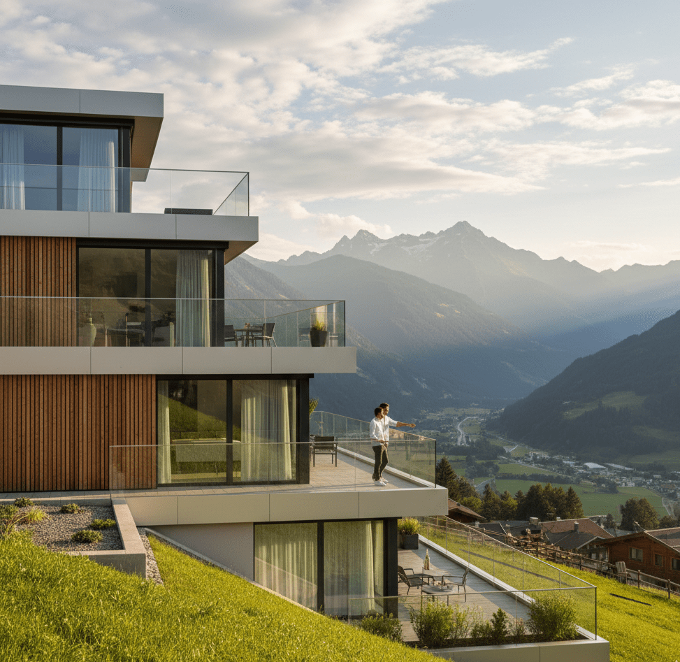 Moderne Terrassenwohnanlage in Hanglage mit Blick auf die Tiroler Alpen bei Innsbruck, hochwertige Architektur mit Holzfassade und Glasgeländern.