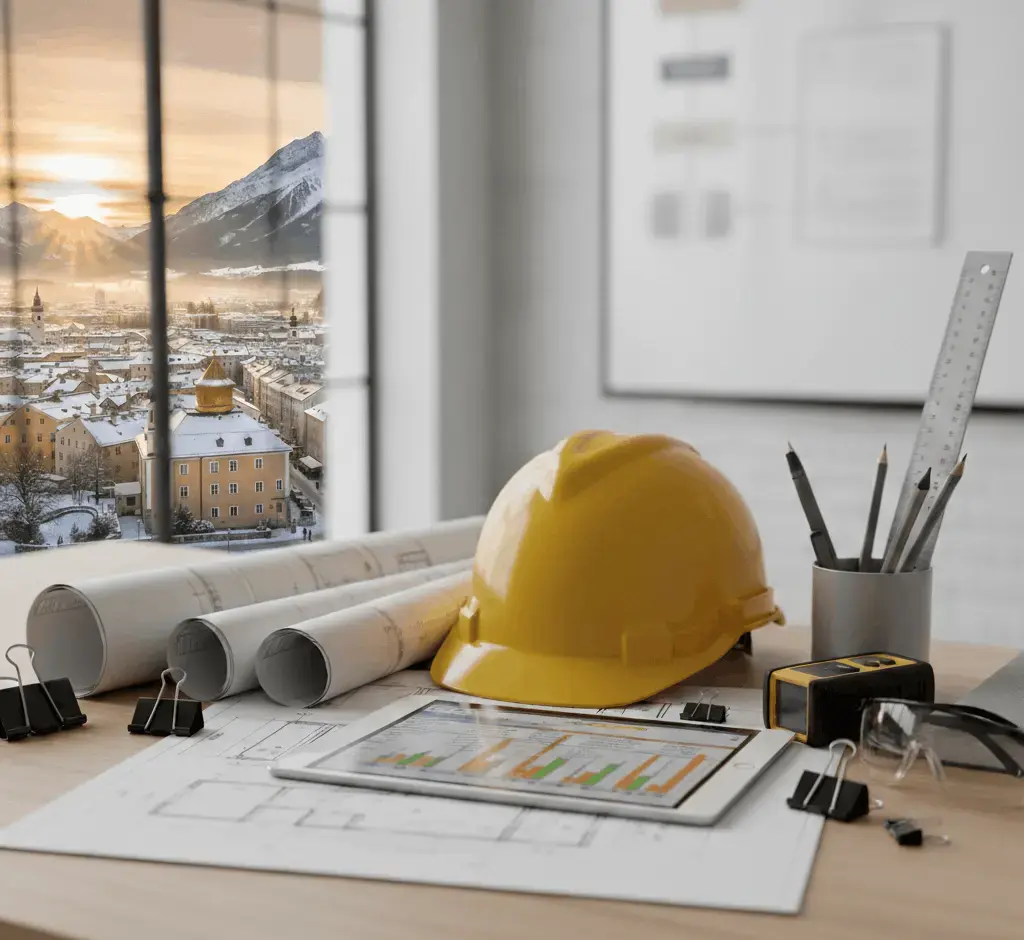 Nahaufnahme eines organisierten Baumanagement-Schreibtischs mit Bauplänen, Tablet, gelbem Schutzhelm und Messwerkzeugen in einem Büro in Innsbruck, Tirol. Baumanagment TIrol