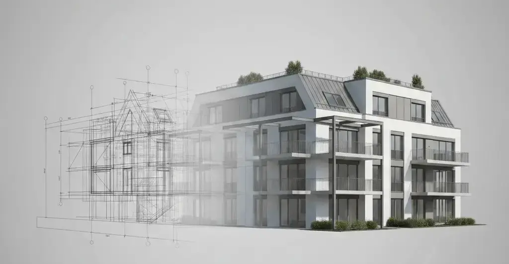 Eine konzeptionelle Darstellung eines modernen Mehrfamilienhauses, das von einer technischen Architekturzeichnung auf der linken Seite fließend in ein fertiggestelltes, realistisches Gebäude auf der rechten Seite übergeht. Unter der Grafik stehen die Begriffe „Planung“, „Bauphase“ und „Fertigstellung“ auf einem neutralen grauen Hintergrund.