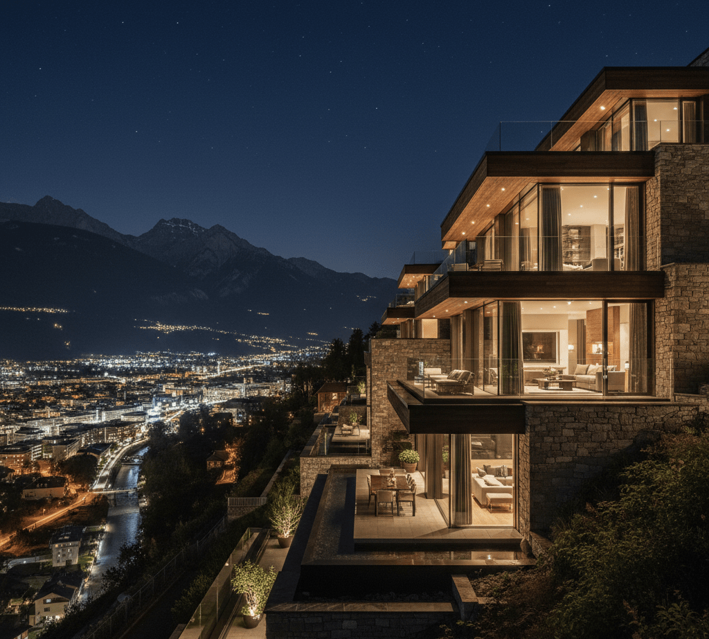 odernes Wohnen über Innsbruck: Alpine Architektur bei Sonnenuntergang