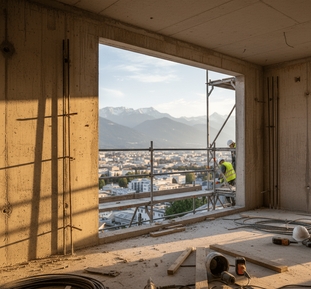 Eine fotorealistische Innenansicht eines im Bau befindlichen Luxusapartments am Hang in Innsbruck, Österreich, mit rohen Betonwänden, Bewehrungsstahl und Bauwerkzeugen im goldenen Abendlicht mit Blick auf die Alpen.