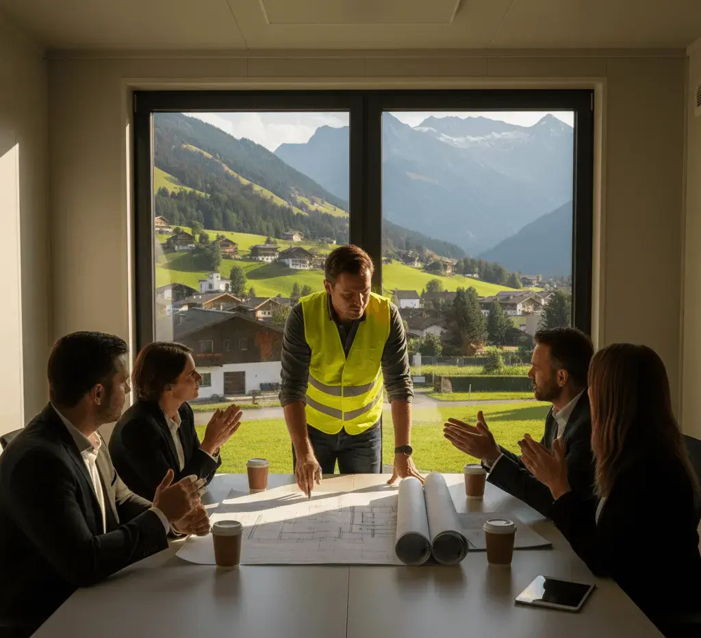 Baustellenleiter und Kunden bei einer Besprechung über Bauplänen im Freien. Im Hintergrund eine moderne Hausbaustelle in den Tiroler Alpen.