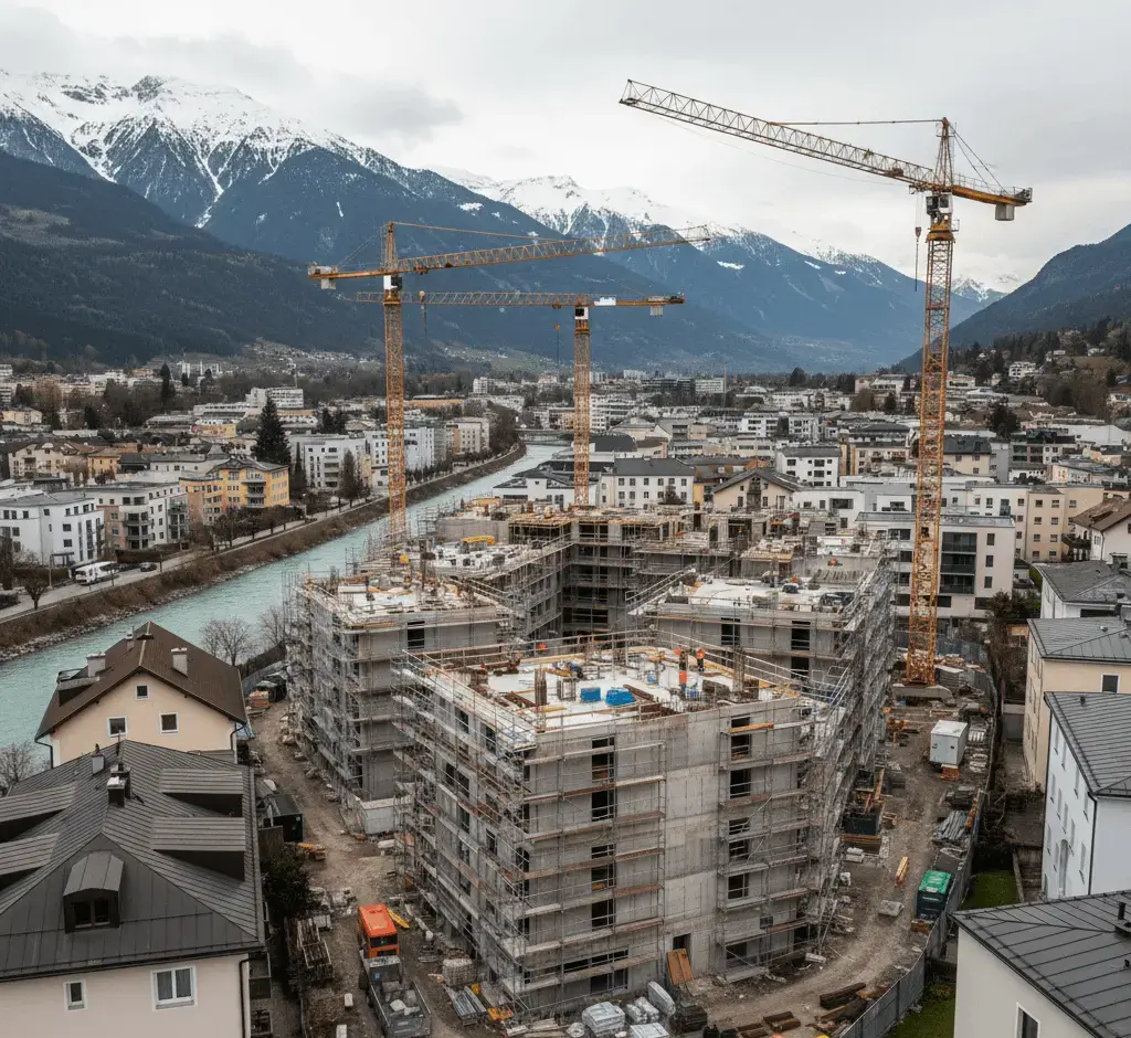 Eine weitläufige Baustelle im Stadtgebiet von Innsbruck, Österreich. Mehrere Rohbauten aus Beton mit Gerüsten stehen dicht gedrängt zwischen bestehenden Wohnhäusern am Ufer des Inns. Drei große, gelbe Turmdrehkrane ragen in den bewölkten Himmel. Im Hintergrund erheben sich die schneebedeckten Gipfel der Alpen.