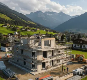 Moderne Hausbaustelle in den Tiroler Alpen mit Gerüst, Bauarbeitern und Blick auf die Berge.